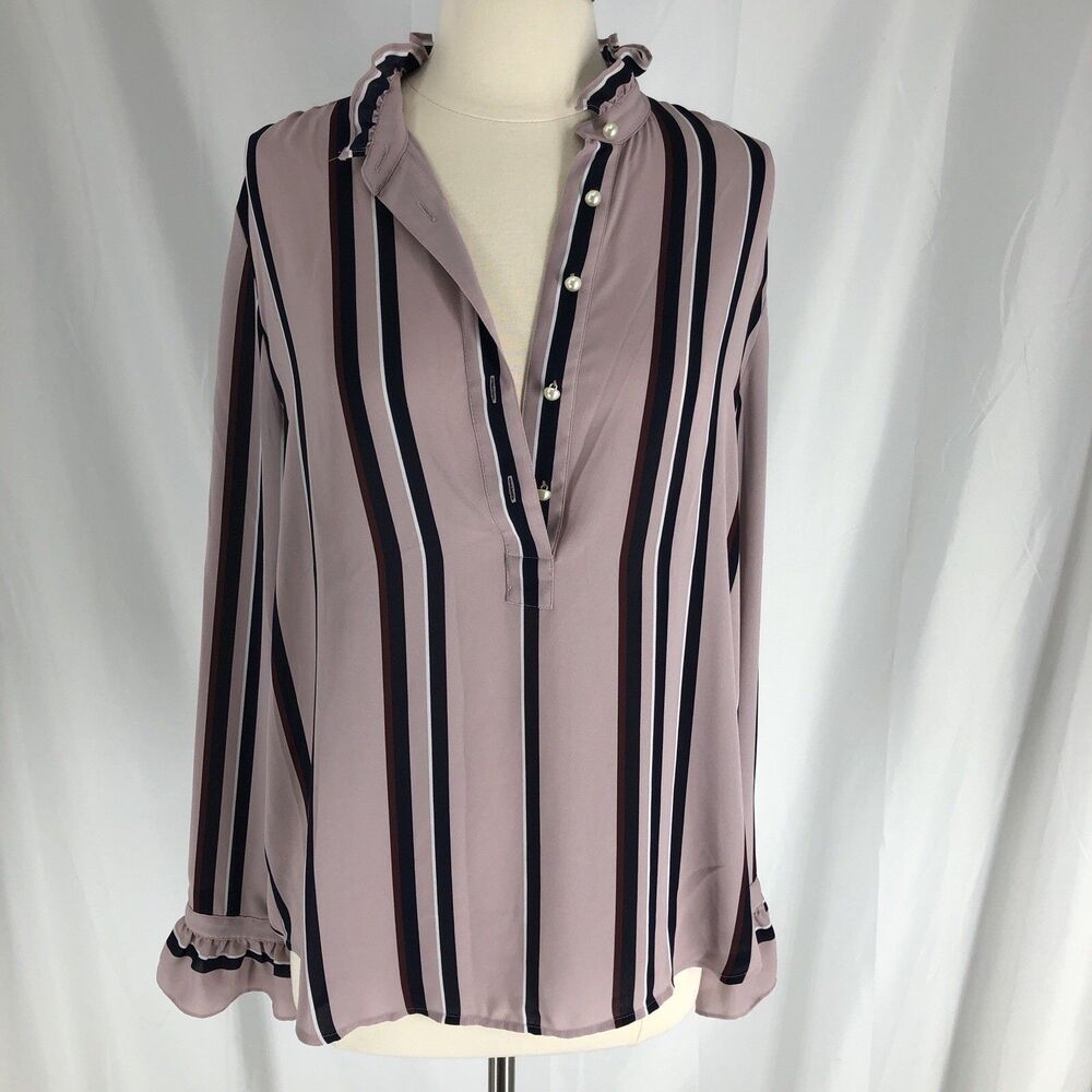 Ann Taylor Navy Mauve Blouse 1/4 Button Striped Medium